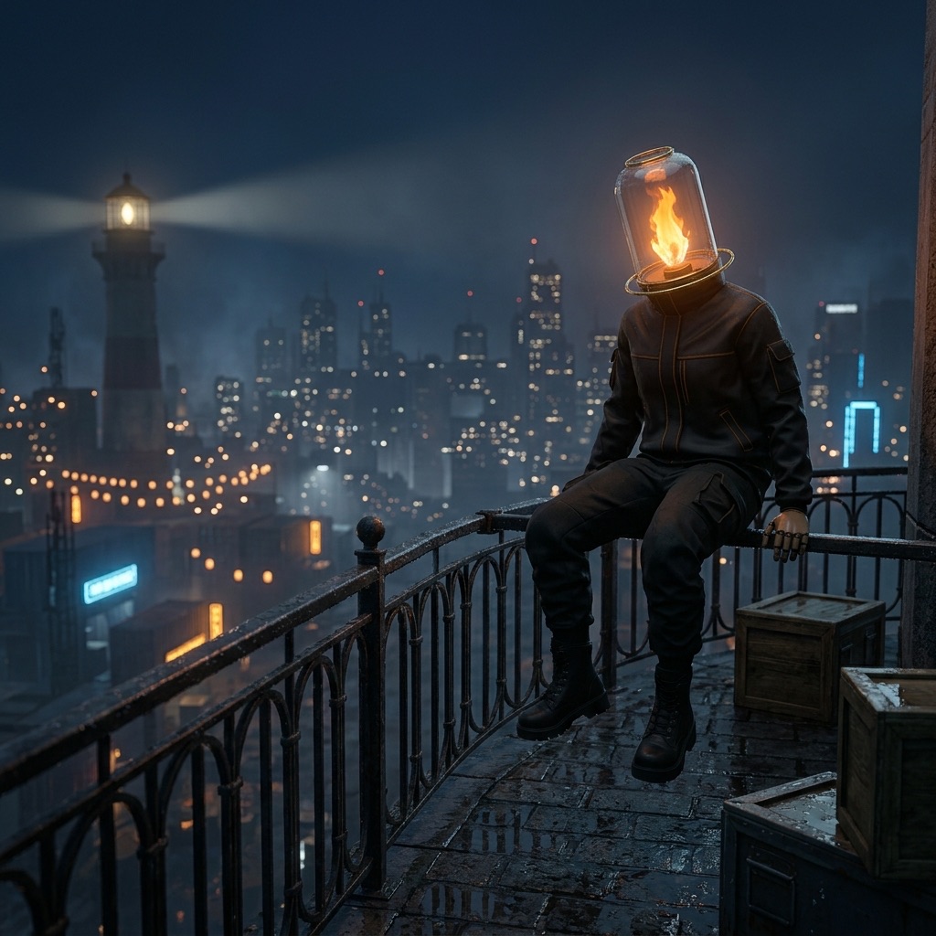 Ember sitting on a lighthouse balcony above the harbor city at night