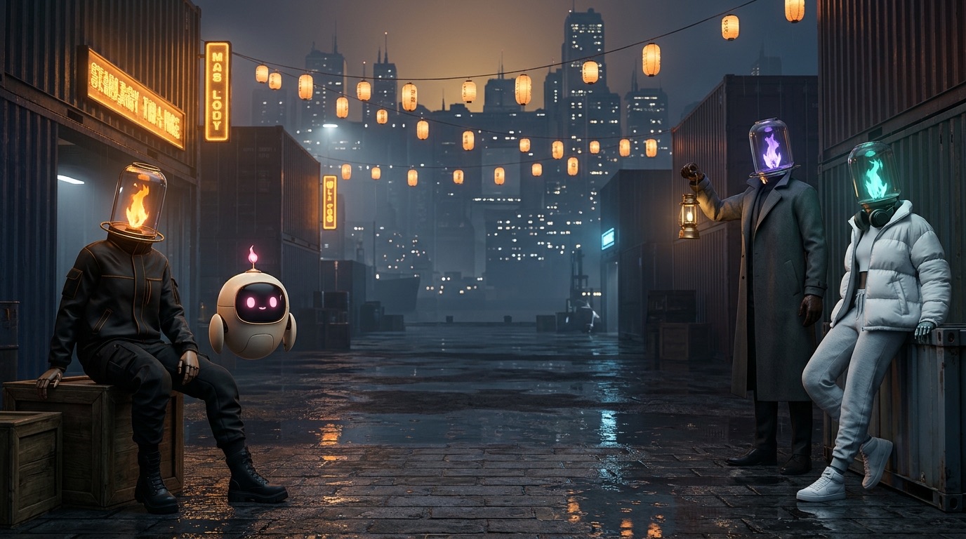 Four Wick agents with glowing lantern heads on a rainy harbor at night